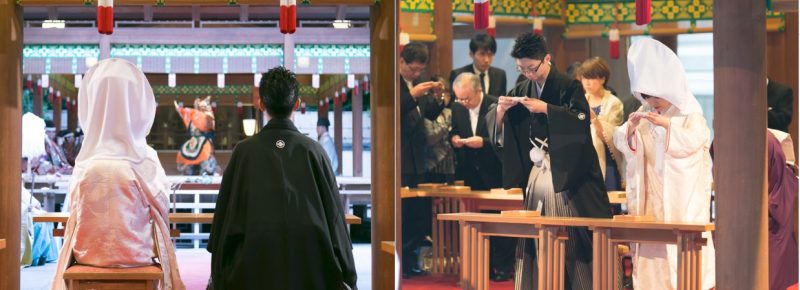 乃木神社をすすめてくれたのは、実は未央子さんのお父さん。上京した際に乃木神社を訪れ、すっかり気に入ってパンフレットを持ってきてくれたのだそう。さっそく二人で見学にいき、「乃木神社ならではの納曾利舞（なそりまい）やゲスト全員が式に列席できるところが気に入って決めました」。
当日は、神前式に列席したゲストから「貴重な経験ができた」と喜ばれたそう。披露宴は、神社に隣接する乃木會館で。「できたてのおいしい料理も会場選びの決め手でした」という通り、ゲストからは「おいしい！」の声が。新郎新婦にはめずらしく、ふたりも「完食しました笑）」と大満足。
途中、新郎父の友人で出席できなかった落語家の三遊亭歌之介さんや声優の仕事をしている未央子さんの恩師の声優のTARAKOさんなどのビデオメッセージが流れると、会場は大盛り上がり。未央子さんの出身地・大阪の友人たちのにぎやかな掛け声なども飛び交い、笑いに包まれて全員が大いに楽しんだ。
