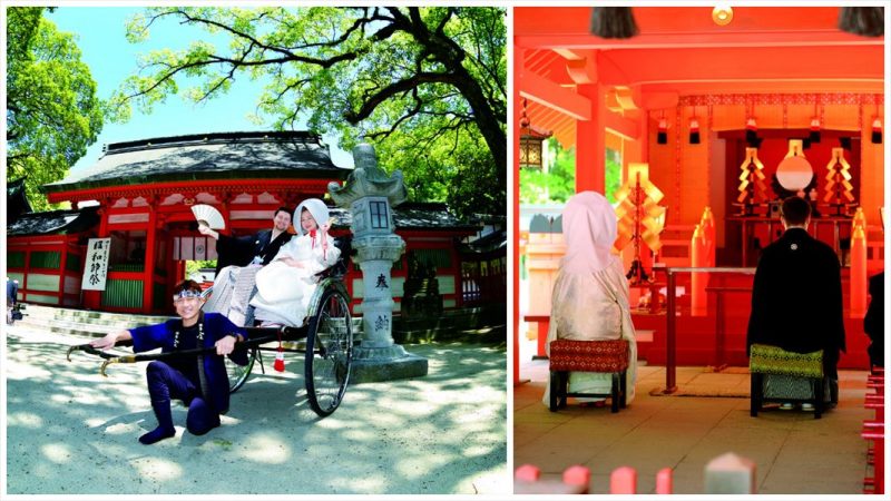 長い裾を足でさばきながら、黒い台に載せた御熨斗を新婦は高砂にいる新郎に差し出します。
これまで大事に育んでくれた両親への感謝とこれから新たな家族となる重みを胸に、ていねいにお辞儀する博多伝統の花嫁挨拶「御熨斗だしの儀」。
その渦中、娘の晴れ姿を見ながら結実さんのお父さんは目頭をおさえました。
インターンシップとして北九州市内の大学で学んだフランス人のランシューさんは、大の日本好き。
結婚を決めた際、家族や親族にも日本文化を知ってもらいたいと、住吉神社での神前式と老舗料亭・三光園での披露宴を決めました。
会場へと向かう移動手段は人力車。
ケーキカットではなく鏡開き。
和婚スタイルにとことんこだわり、料理も由緒正しい和懐石を選びました。
当初、ゲスト同士の言葉の壁を心配していたふたりでしたが、それはとり越し苦労でしたと、当日を振り返ります。
片言の英語とジェスチャーで楽しそうに打ち解け合うゲストを見て、日本の伝統的な挙式にして本当によかったと思ったそう。
